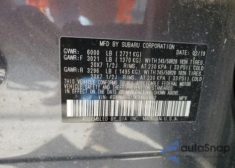 2019 Subaru Ascent Touring z USA, uszkodzony, nr VIN 4S4WMARD7K3460392